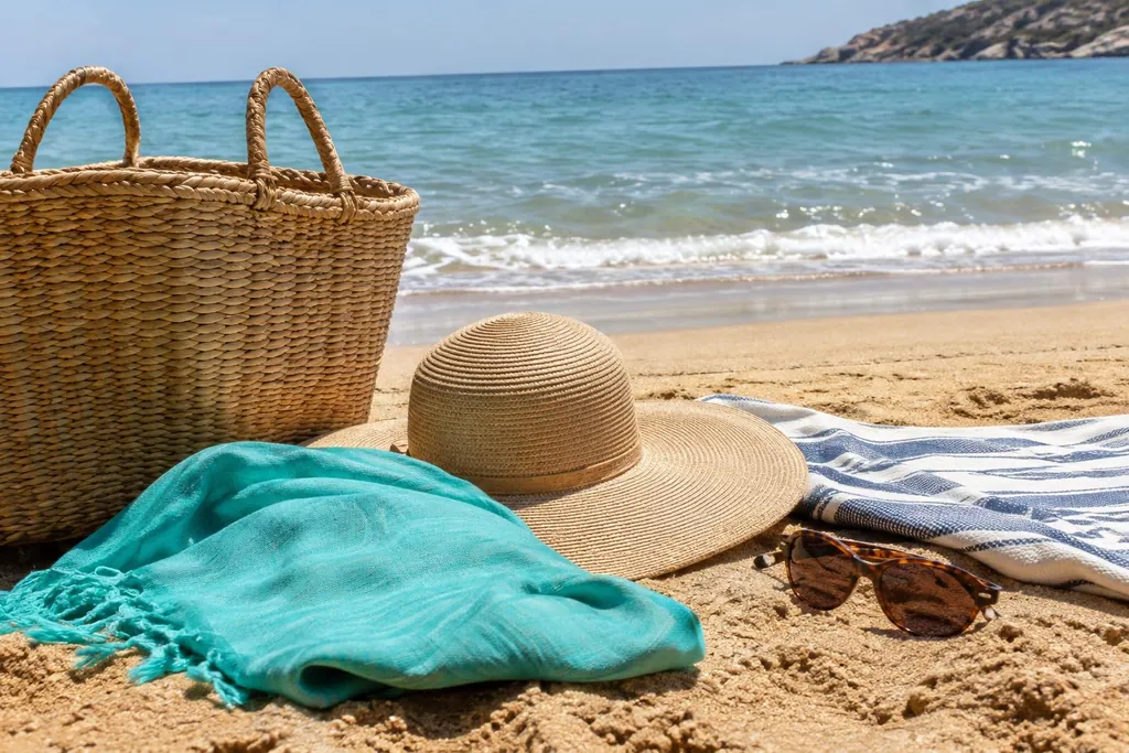 Panier en osier, chapeau de paille, paréo et serviette rayée posés sur le sable au bord de la mer