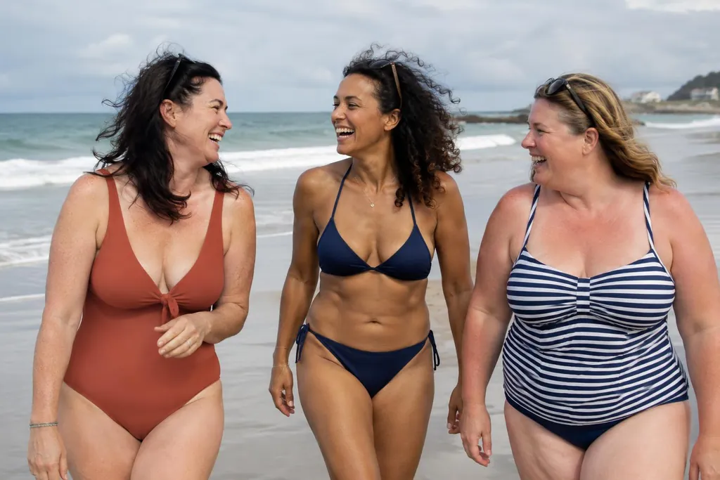 Trois amies de silhouettes différentes en maillot de bain qui rient au bord de l’eau sur une plage de Bretagne