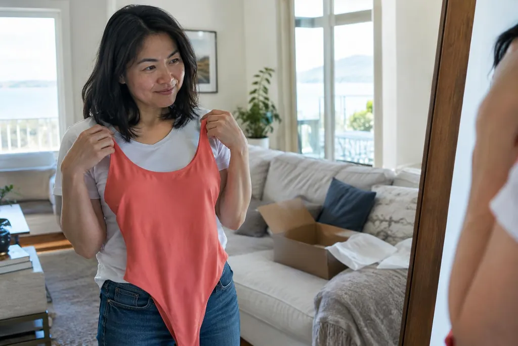 Femme d'une quarantaine d'années qui présente devant un miroir un maillot une pièce corail tout juste sorti de son colis