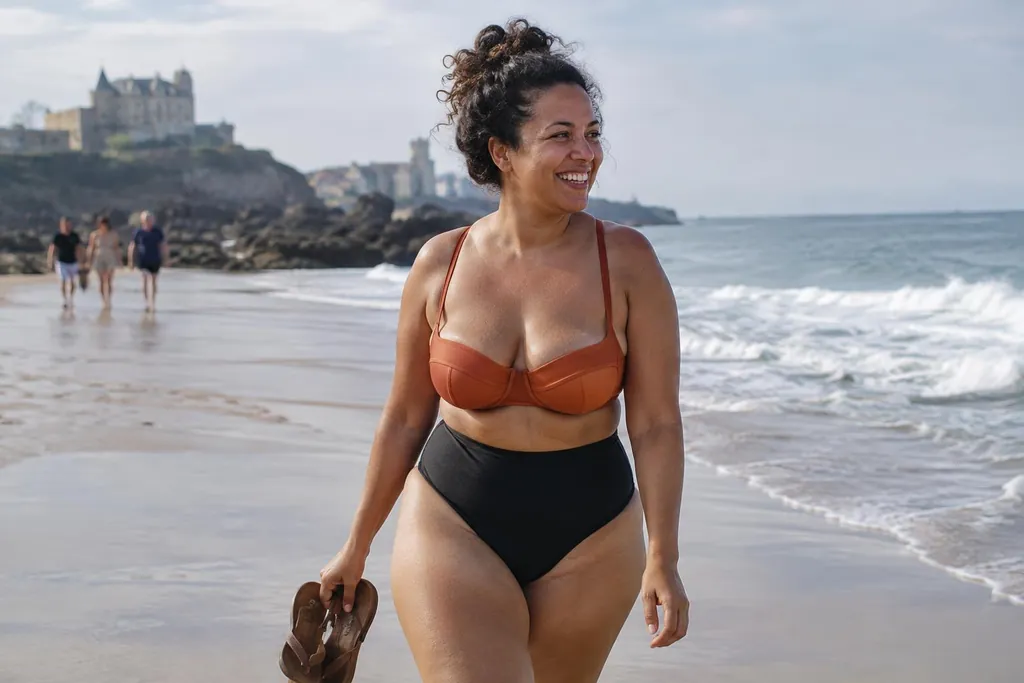 Femme d'une trentaine d'années en bikini dépareillé terracotta et noir marchant au bord de l'eau à Biarritz, sandales à la main