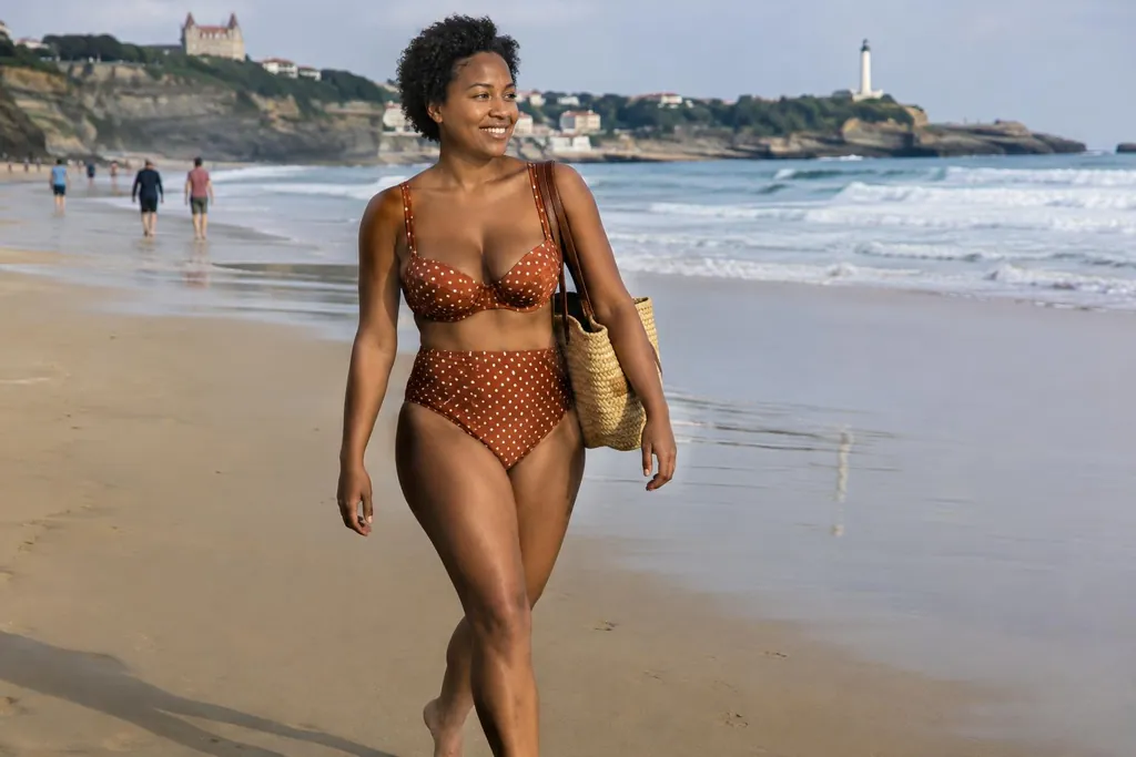 Femme d'une trentaine d'années en bikini taille haute rouille à pois qui marche sur la plage avec un panier en osier