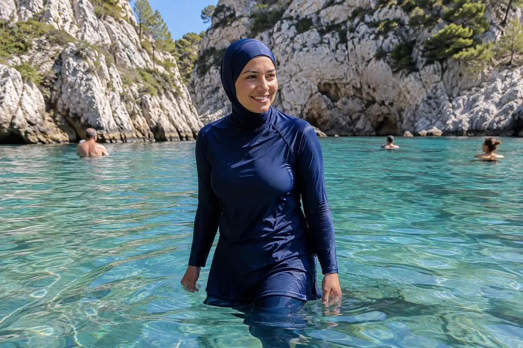 Femme d'une trentaine d'années en tenue de bain couvrante bleu marine qui entre dans l'eau turquoise d'une calanque