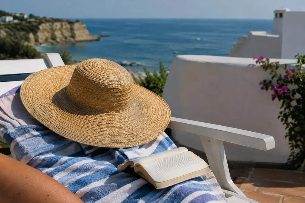 Capeline en paille naturelle posée sur un transat blanc d'une terrasse d'hôtel en Algarve, avec une serviette rayée et un livre