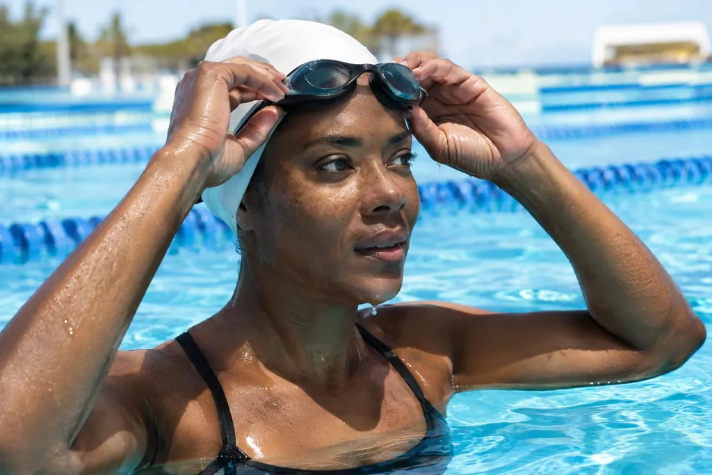 Nageuse d'une trentaine d'années en bonnet blanc qui ajuste ses lunettes de natation teintées dans le bassin d'une piscine extérieure