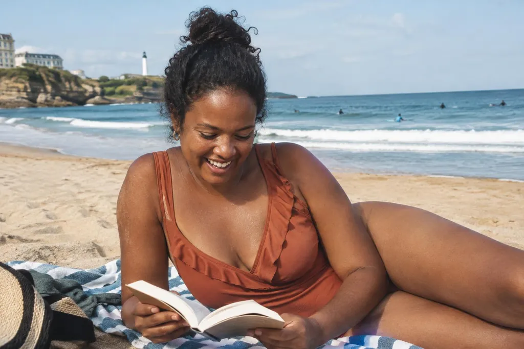 Femme d'une trentaine d'années en maillot une pièce cache-cœur terracotta qui rit en lisant sur une serviette rayée, à la plage