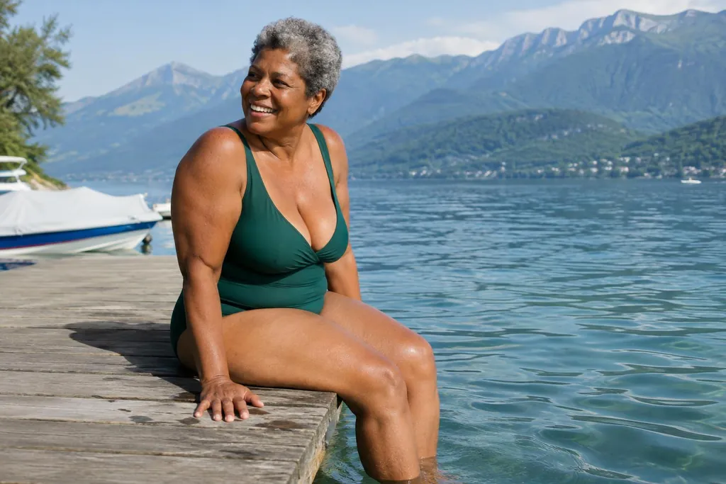 Femme ronde d'une cinquantaine d'années en maillot une pièce vert émeraude, assise au bord d'un ponton sur un lac de montagne