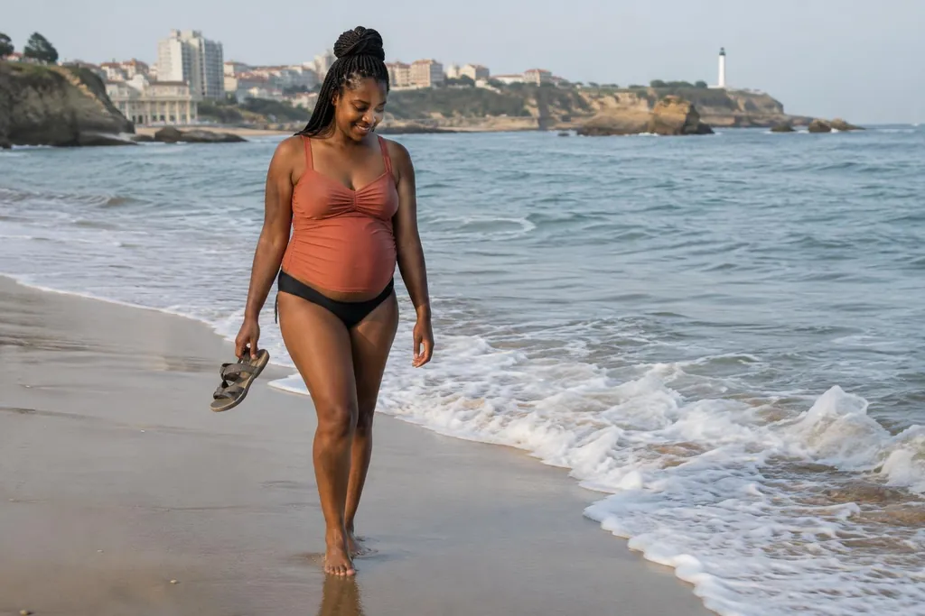 Femme enceinte d'une trentaine d'années en tankini terracotta marchant pieds nus au bord de l'eau sur une plage de Biarritz