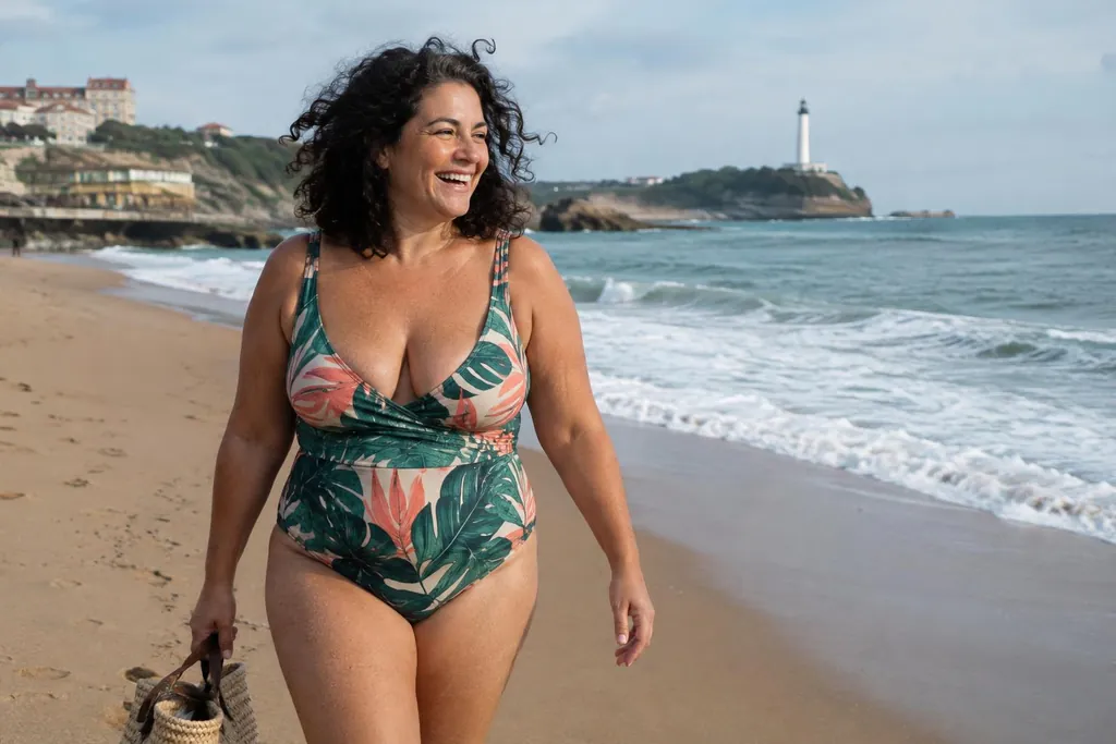 Femme ronde d'environ quarante-cinq ans en maillot une pièce à imprimé tropical, qui rit en marchant sur la plage avec un panier