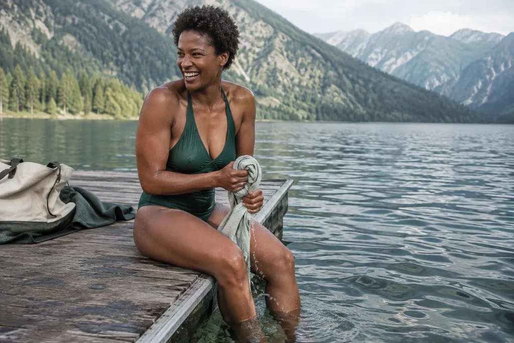 Femme d'une trentaine d'années aux épaules athlétiques, en une-pièce vert bouteille tour de cou, assise sur un ponton de lac