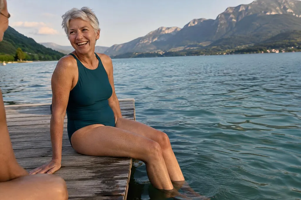 Femme d'une soixantaine d'années aux cheveux argentés en maillot une pièce bleu canard assise sur un ponton au bord d'un lac