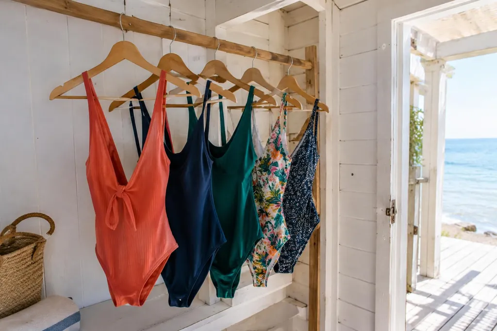 Maillots de bain sans logo suspendus sur un portant en bois dans une cabine de plage ensoleillée