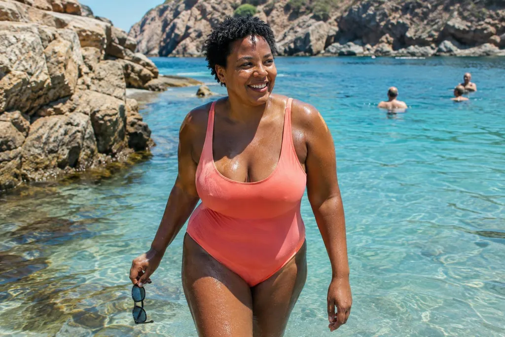 Femme d'environ trente-cinq ans en maillot une pièce corail qui sort en souriant de l'eau turquoise d'une crique corse