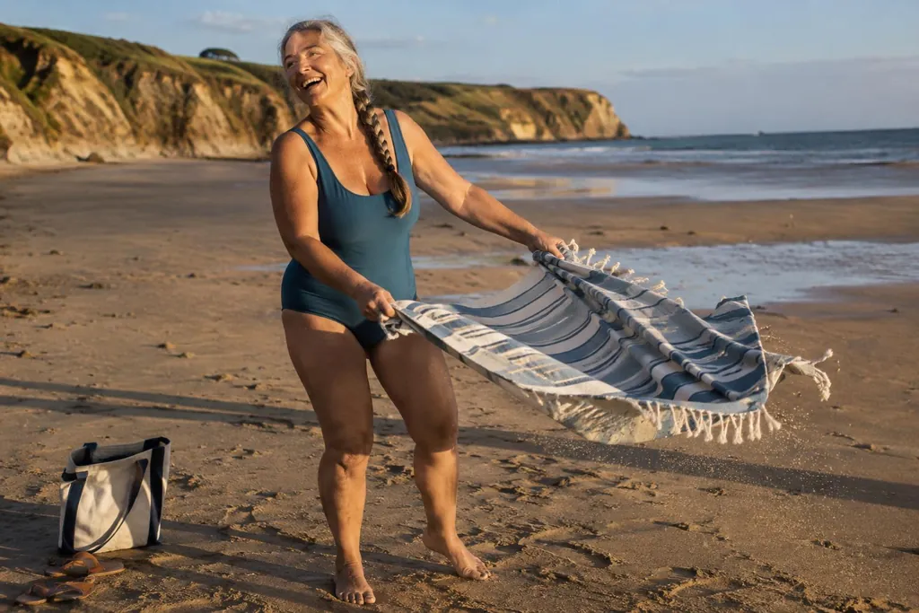 Femme d'une soixantaine d'années qui secoue une fouta rayée dans le vent sur une grande plage de sable en Normandie