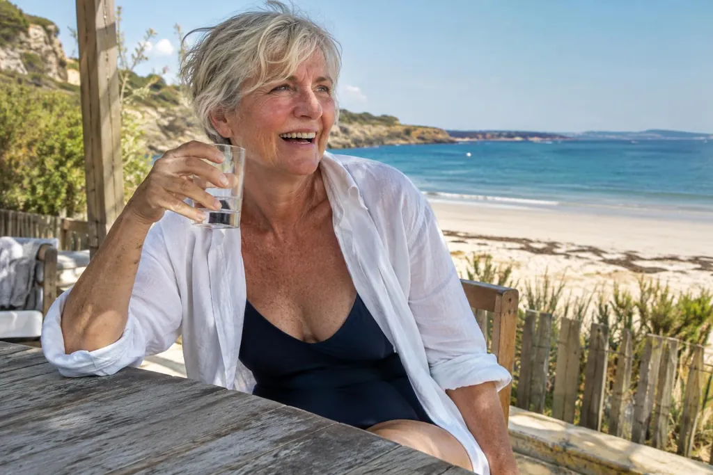 Femme aux cheveux gris courts en chemise de lin blanche ouverte sur un maillot bleu marine, attablée dans un café de plage