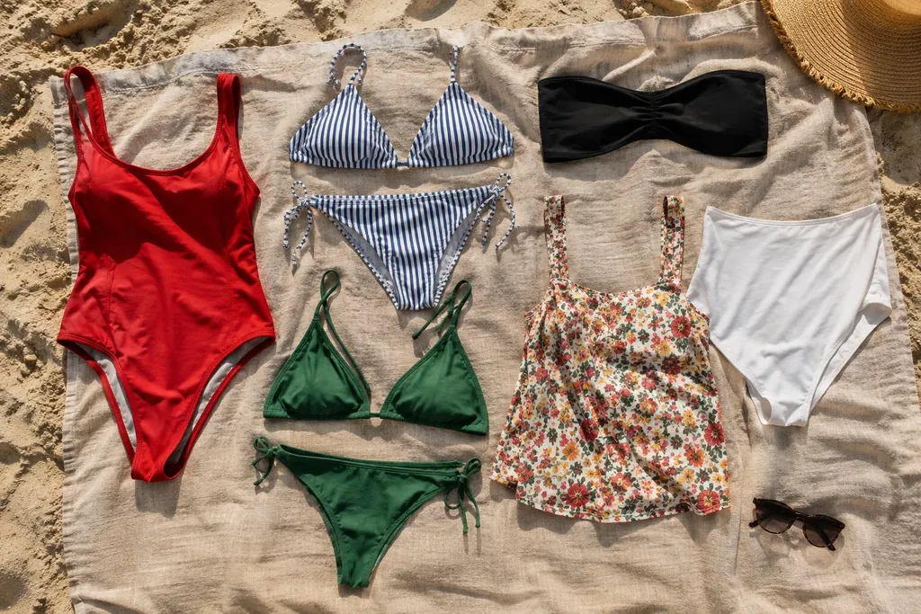 Plusieurs maillots de bain de formes et de couleurs différentes posés sur une serviette en lin au soleil